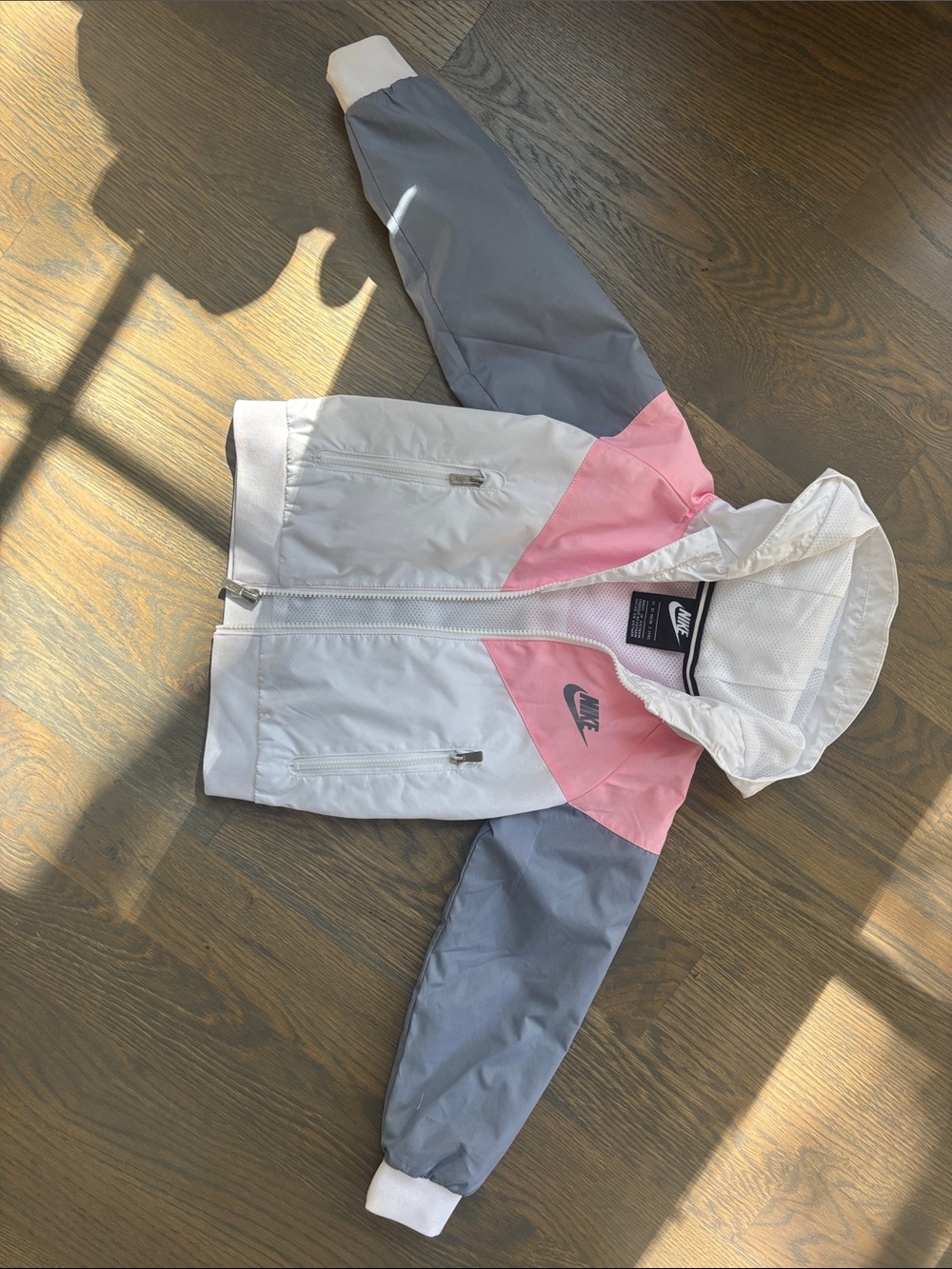 Nike Kids White, Pink & Gray Hooded Windbreaker Jacket